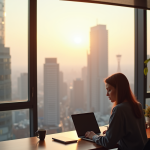 Bureau moderne avec vue urbaine et lumière naturelle