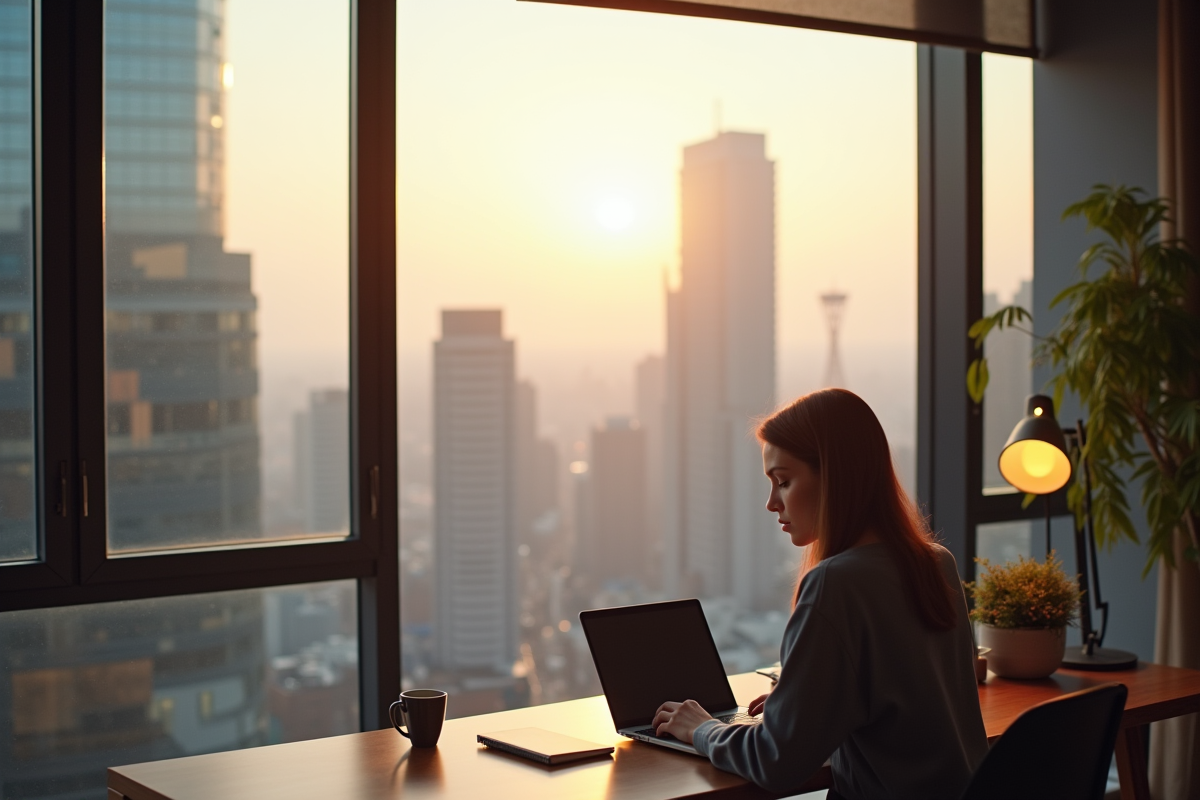 Bureau moderne avec vue urbaine et lumière naturelle