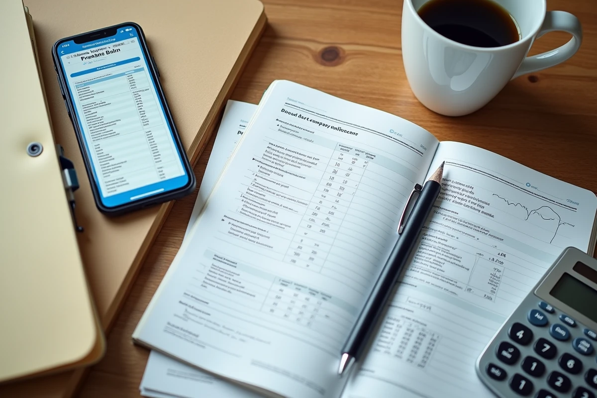 Bureau avec documents et outils pour calculer les frais de cession d'un fonds de commerce