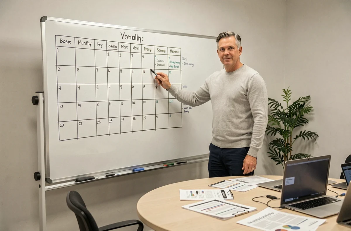 Cadre masculin expliquant le calcul des jours travaillés en 2026 devant un tableau de planning mensuel en salle de réunion
