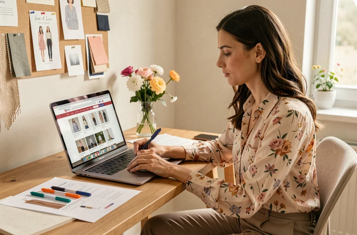 Créatrice web de Celinika Web en Eure-et-Loir finalisant un site e-commerce sur son bureau de studio à domicile