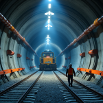 Construction d un tunnel ferroviaire moderne avec machines et ouvriers