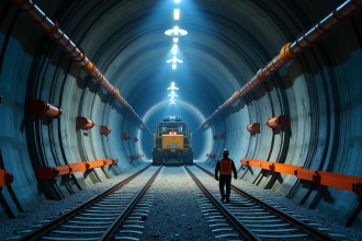 Construction d un tunnel ferroviaire moderne avec machines et ouvriers