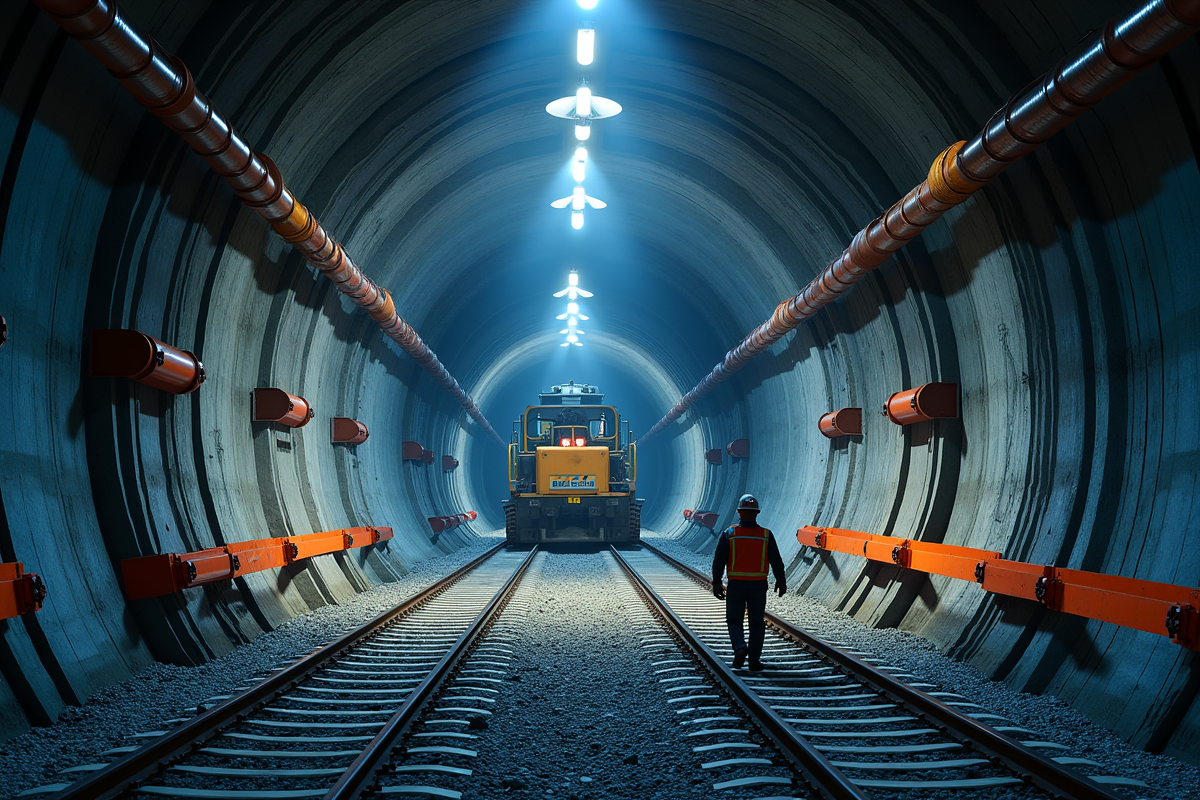 Construction d un tunnel ferroviaire moderne avec machines et ouvriers