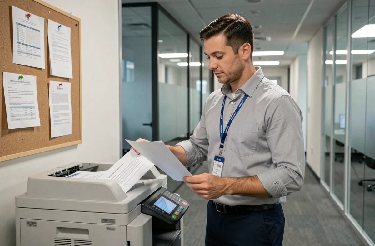 Chargé RH récupérant des lettres d'adhésion mutuelle imprimées dans un couloir de bureau d'entreprise