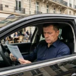 Chauffeur de taxi indépendant parisien analysant ses documents de rentabilité assis dans son véhicule boulevard haussmannien