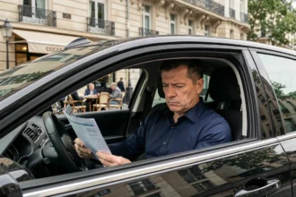 Chauffeur de taxi indépendant parisien analysant ses documents de rentabilité assis dans son véhicule boulevard haussmannien