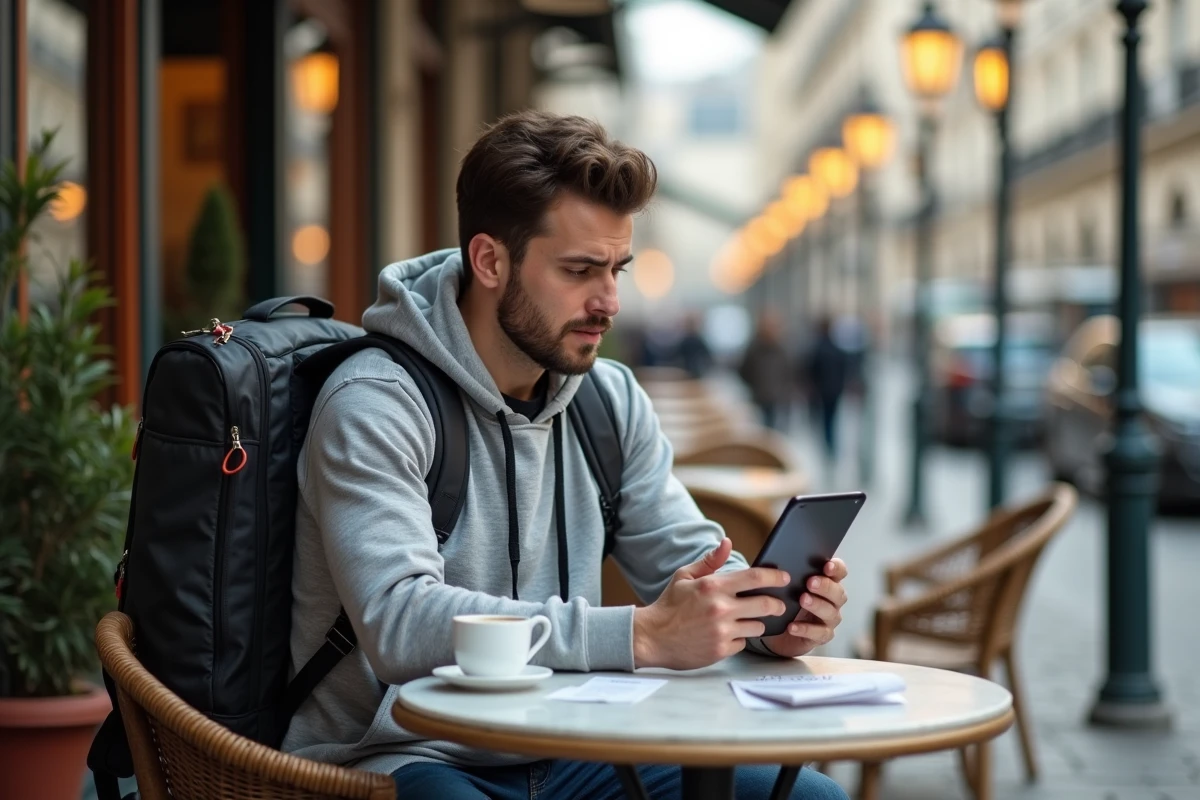 Chauffeur Uber Eats consultant sa carte de zones de livraison sur une tablette en terrasse de café à Paris