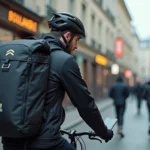 Chauffeur Uber Eats à vélo consultant son smartphone dans une rue parisienne hausmannienne
