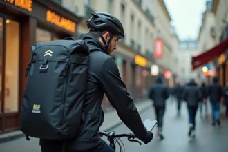 Chauffeur Uber Eats à vélo consultant son smartphone dans une rue parisienne hausmannienne