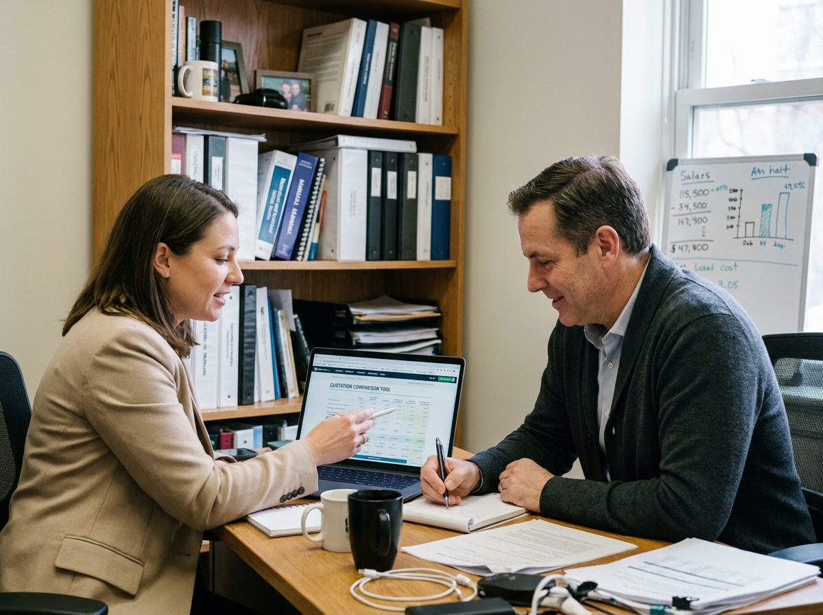 Deux collaborateurs d'une direction financière comparant des devis fournisseurs sur ordinateur portable