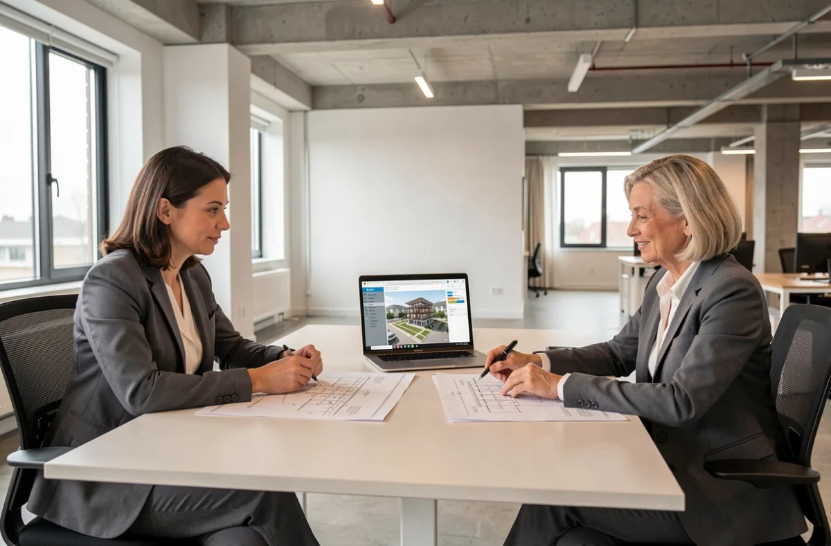 Deux professionnelles du secteur BTP collaborant autour d'un projet sur ordinateur dans un bureau moderne