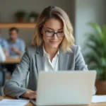 Collaboratrice consultant ses droits RH sur un portail en ligne au bureau