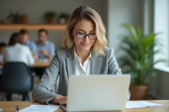 Collaboratrice consultant ses droits RH sur un portail en ligne au bureau