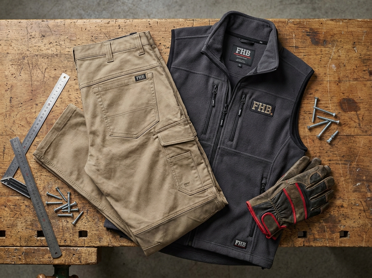 Présentation à plat de vêtements de travail FHB sur établi en bois, pantalon cargo, veste polaire et gants professionnels