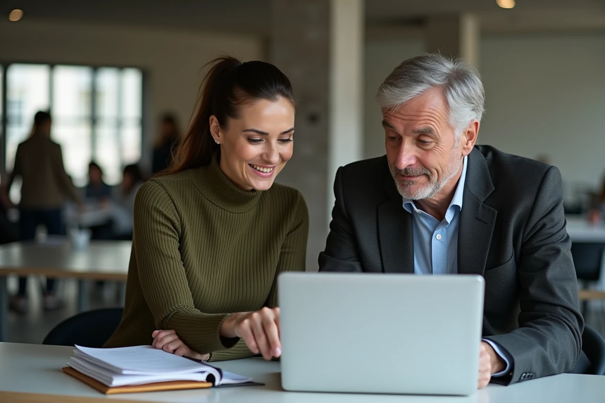 Deux collègues consultant ensemble un portail sécurisé de gestion de justificatifs administratifs sur ordinateur portable dans un espace de coworking