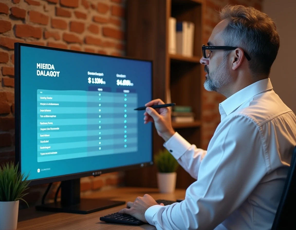 Chef d'entreprise comparant les prix d'une agence digitale sur un écran de bureau