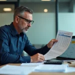 Comptable analysant des documents financiers pour le calcul des frais de cession de commerce
