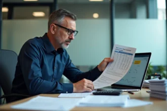 Comptable analysant des documents financiers pour le calcul des frais de cession de commerce