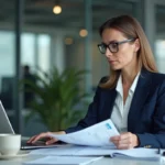 Comptable analysant des documents fiscaux liés à la taxe sur les véhicules de société dans un bureau moderne
