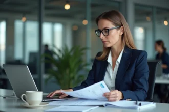 Comptable analysant des documents fiscaux liés à la taxe sur les véhicules de société dans un bureau moderne