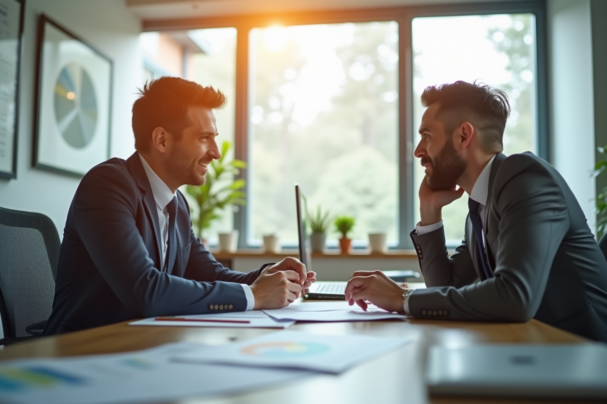 Conseiller financier aidant un client dans un bureau lumineux