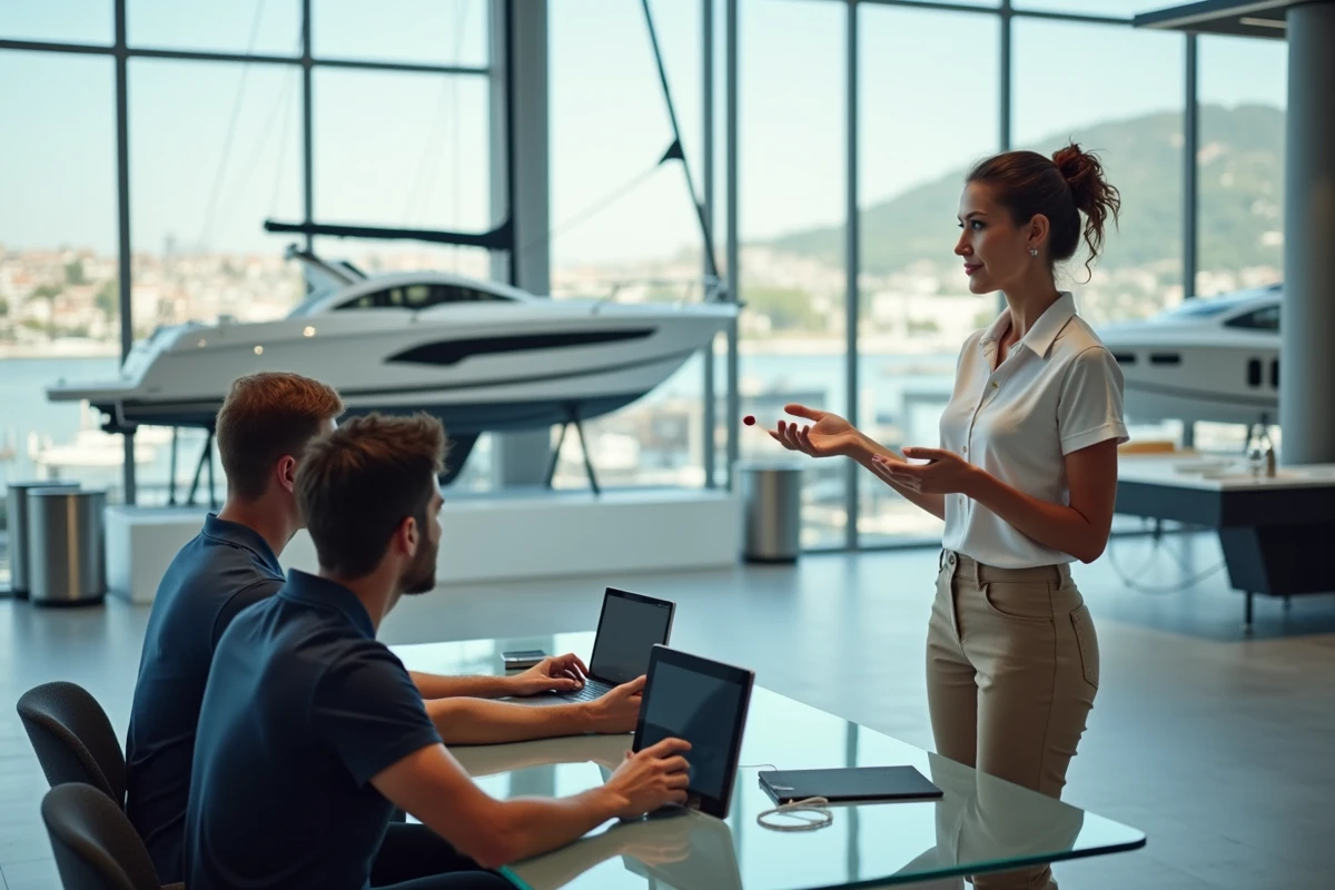 Conseillère de vente en industrie nautique présentant un modèle de yacht à des clients dans un showroom moderne