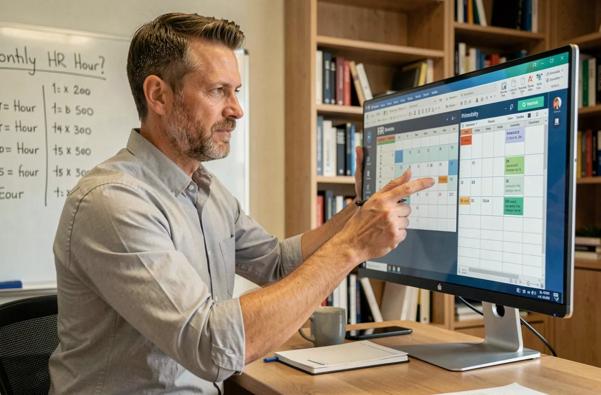 Consultant RH expliquant le calcul mensuel des heures de travail sur écran d'ordinateur et tableau blanc