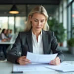 Consultante professionnelle analysant des rapports d'entreprise dans un bureau moderne et contemporain