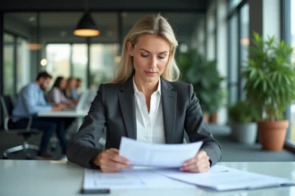 Consultante professionnelle analysant des rapports d'entreprise dans un bureau moderne et contemporain