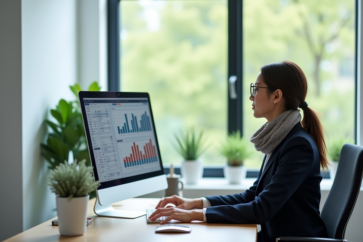 Consultante IT analysant un tableau de bord ERP au bureau