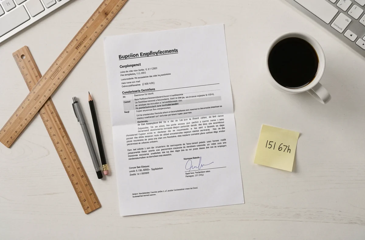 Gros plan sur un contrat de travail français avec la mention 151,67 heures et accessoires de bureau sur un bureau blanc