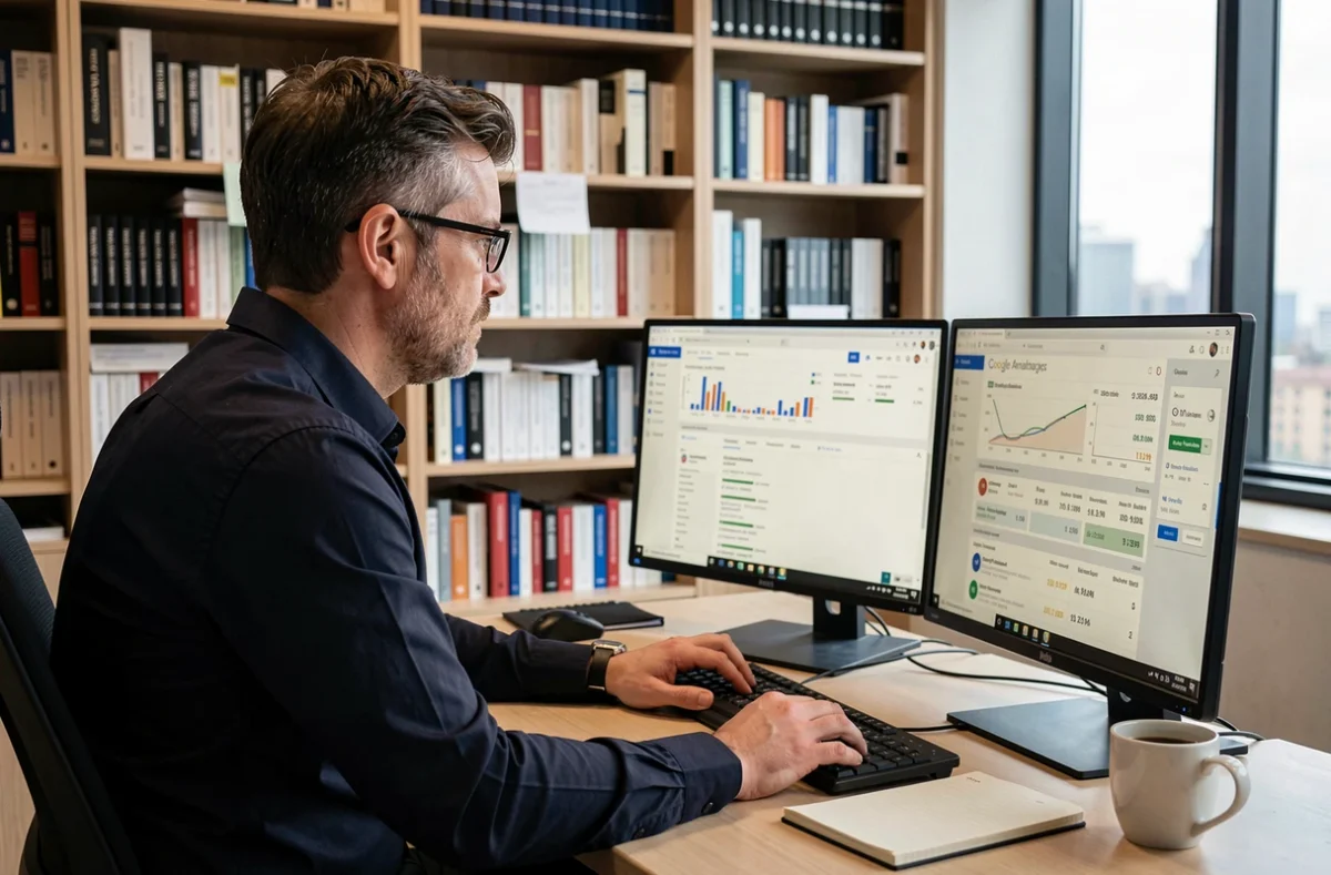 Spécialiste en référencement web de l'agence CVMH Solutions à Chartres analysant des données SEO sur double écran