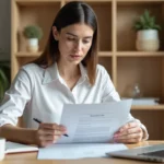 Femme entrepreneur en télétravail préparant une demande de congé sans solde pour création d'entreprise à son bureau à domicile