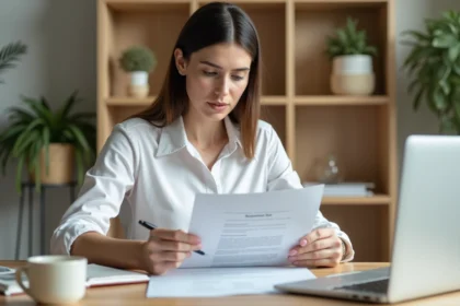 Femme entrepreneur en télétravail préparant une demande de congé sans solde pour création d'entreprise à son bureau à domicile