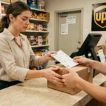Femme vérifiant une étiquette d'expédition avant de déposer un colis dans un point relais UPS