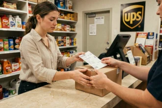 Femme vérifiant une étiquette d'expédition avant de déposer un colis dans un point relais UPS