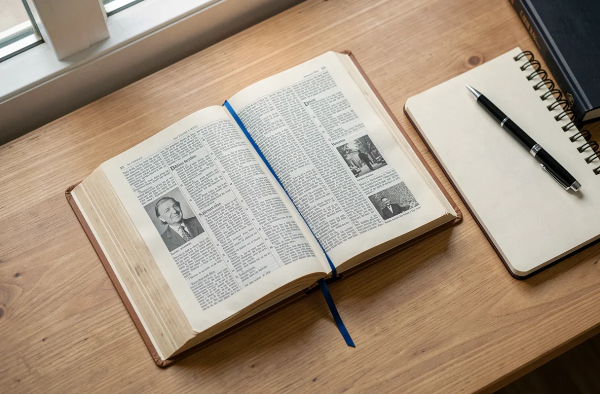 Dictionnaire ouvert sur un bureau avec un carnet et un stylo
