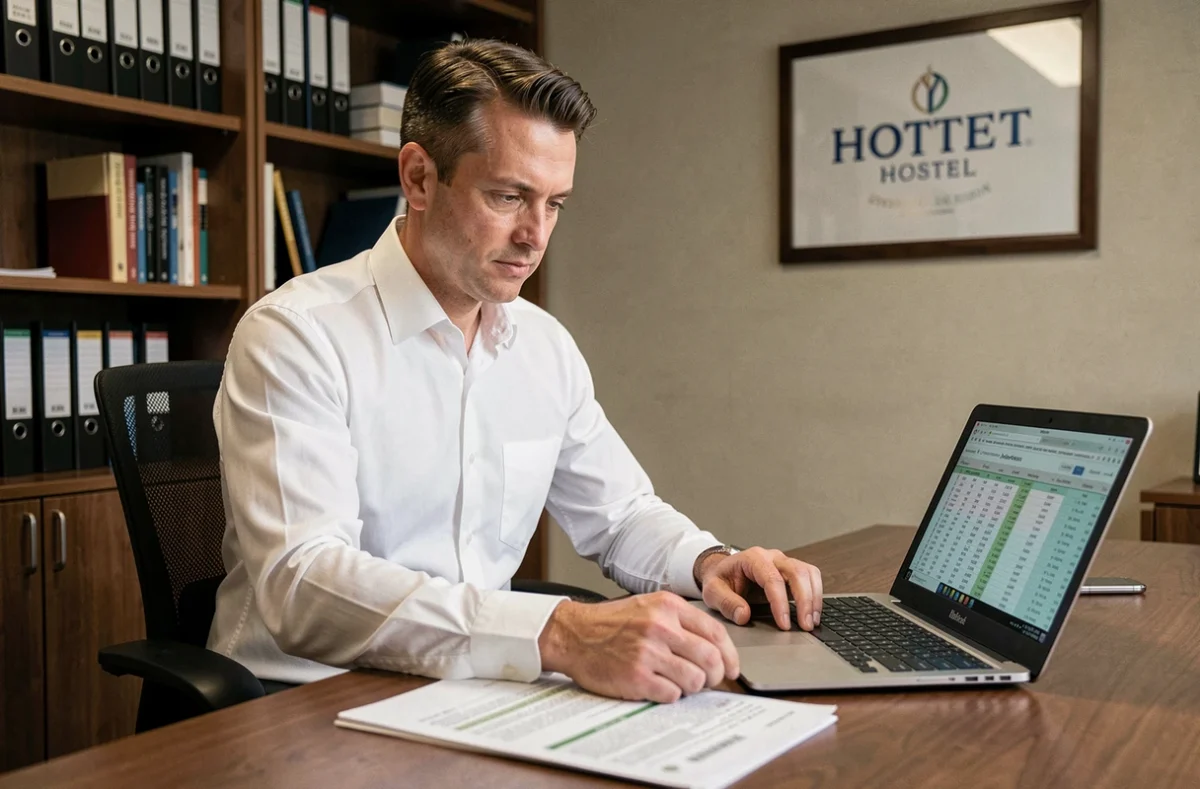 Directeur d'hôtel analysant des grilles salariales sur son bureau en 2026, illustration de l'évolution des rémunérations dans le secteur hôtelier