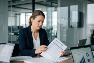 Directrice financière analysant des devis fournisseurs dans une salle de conférence moderne en 2026