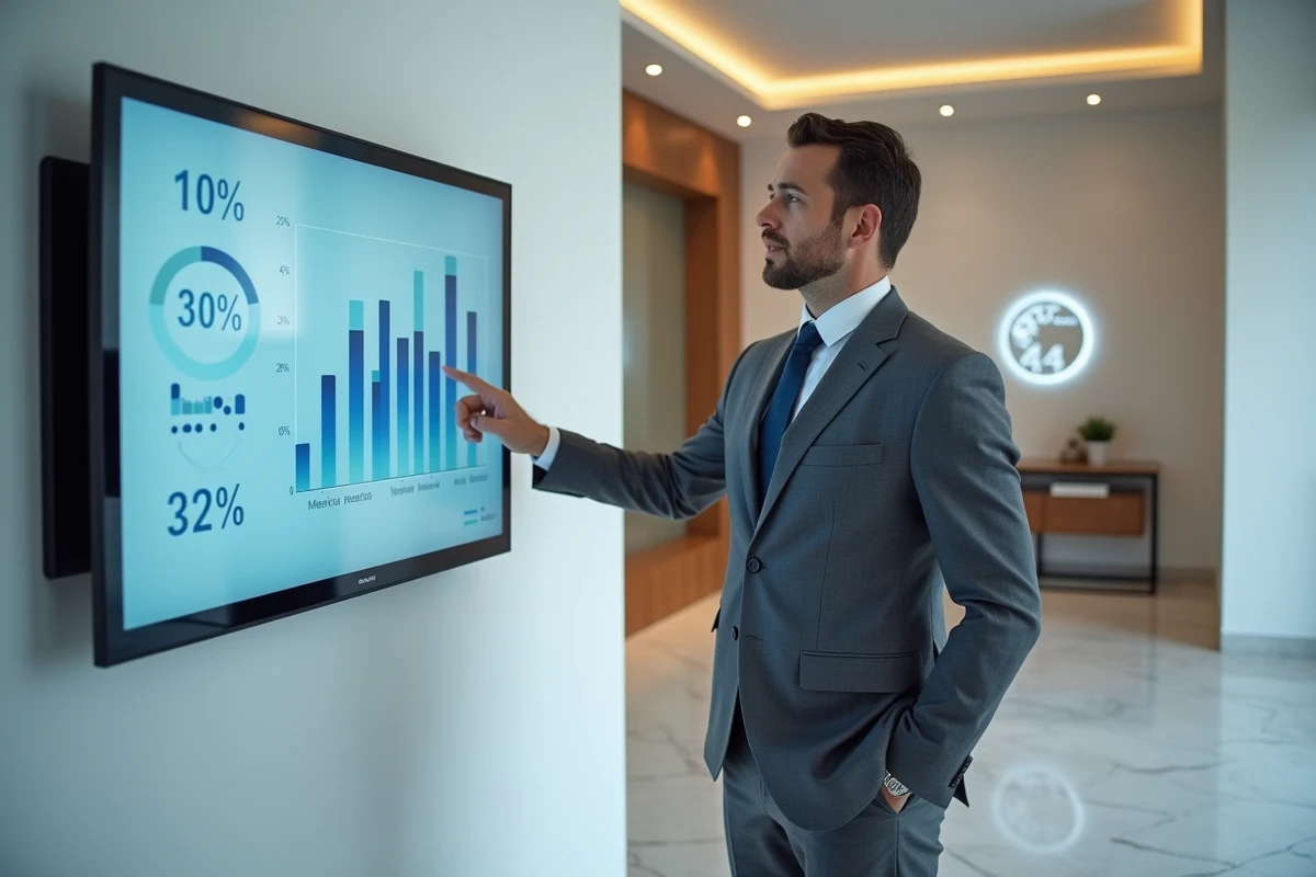 Dirigeant d'entreprise présentant des indicateurs de performance web sur écran interactif dans un espace corporate parisien