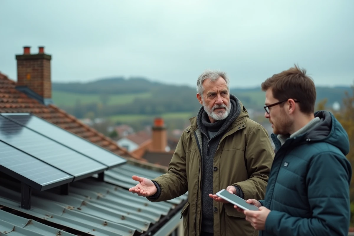 Chef de petite entreprise montrant une installation de panneaux solaires sur le toit d'un bâtiment commercial lors d'une discussion sur la transition énergétique
