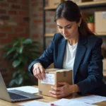 Dirigeante de petite entreprise scannant une étiquette Chronopost sur un colis dans son bureau