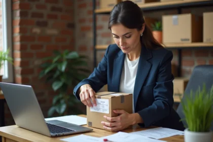 Dirigeante de petite entreprise scannant une étiquette Chronopost sur un colis dans son bureau