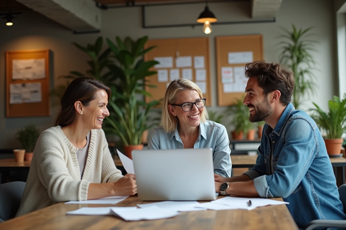 Groupe de dirigeants de TPE collaborant autour d'un projet de transition écologique dans un espace de coworking éco-responsable