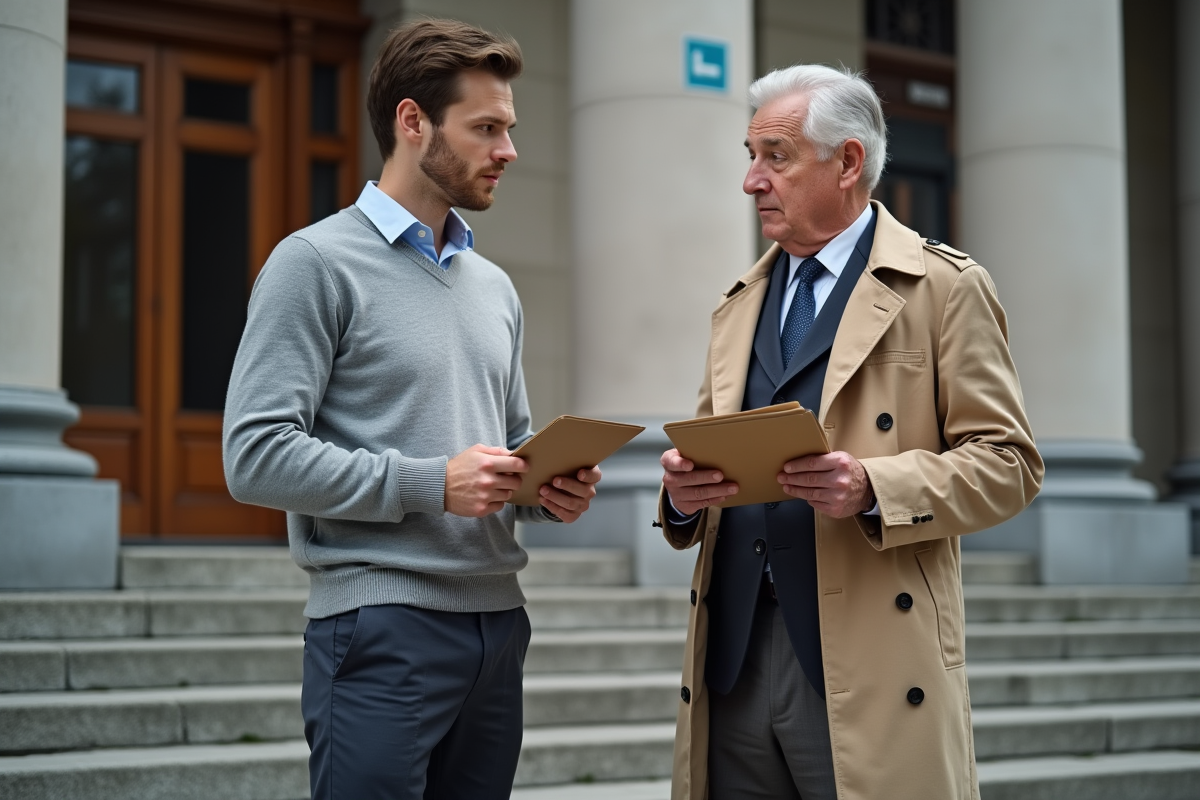 Jeune homme discutant avec un officiel devant un bâtiment administratif