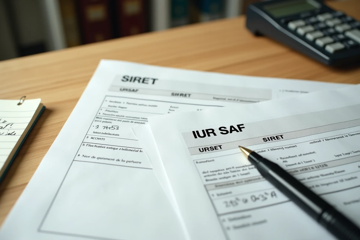 Gros plan sur deux documents administratifs français côte à côte montrant les numéros URSSAF et SIRET annotés au stylo