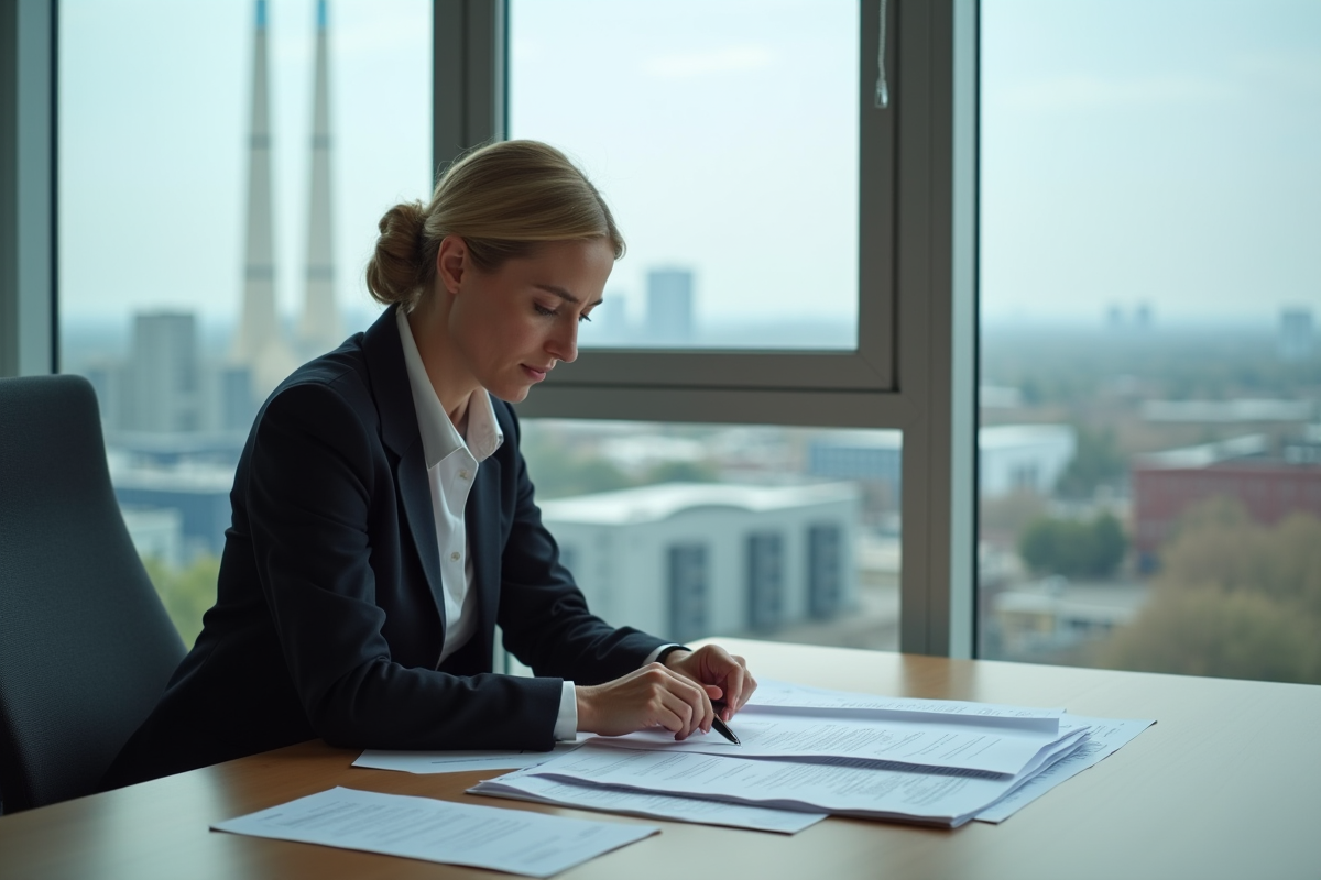 Economiste analysant des documents dans un bureau moderne