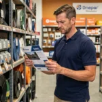 Électricien professionnel consultant le catalogue du programme fidélité Sonepar Select dans un showroom de fournitures électriques