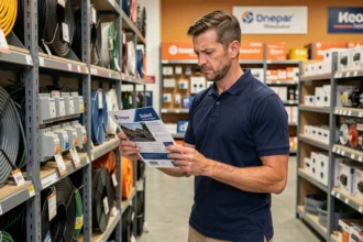 Électricien professionnel consultant le catalogue du programme fidélité Sonepar Select dans un showroom de fournitures électriques